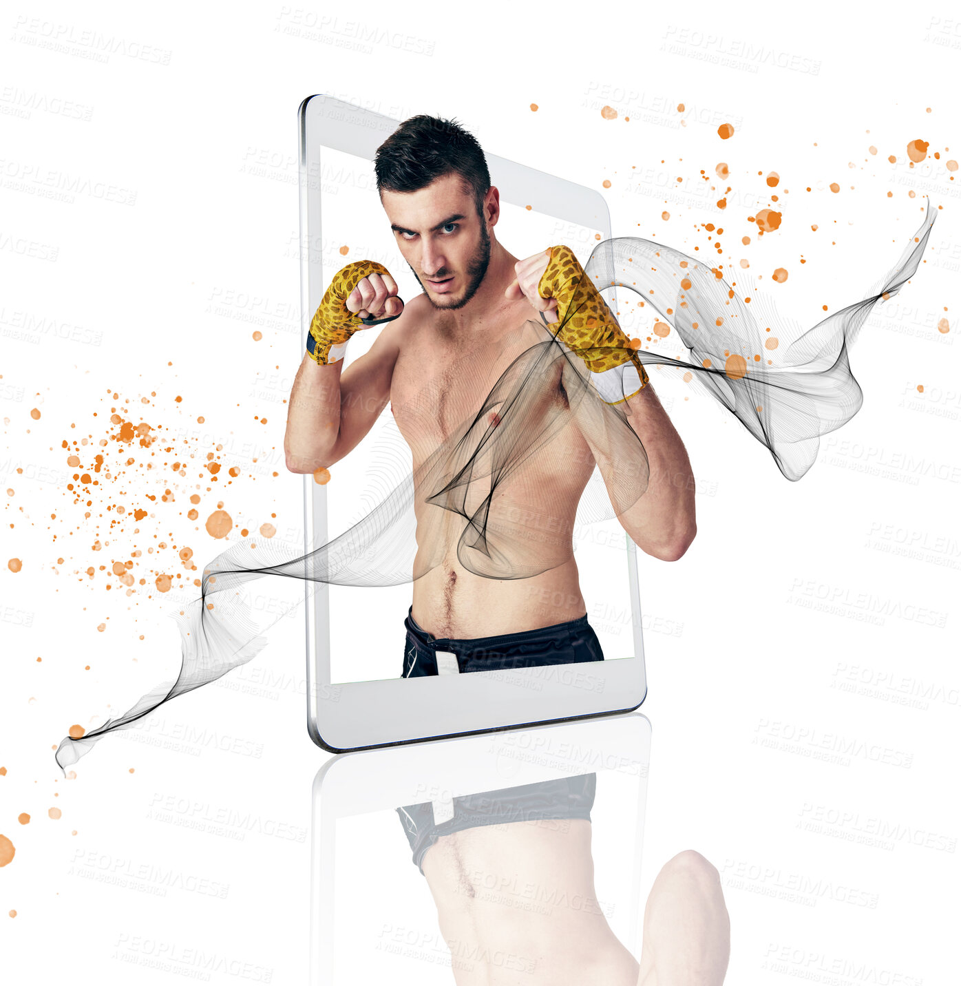 Buy stock photo Tablet, fitness app and portrait of a fighter man on screen in studio isolated on a white background for virtual training. Sports, exercise and workout for self defense with an athlete on a display