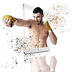 Tablet, fitness and man boxer on screen in studio isolated on a white background for virtual fighter training. Sports, exercise and workout in martial arts or self defense of male athlete on display