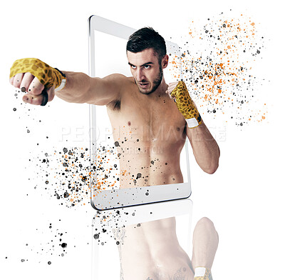 Buy stock photo Tablet, fitness and man boxer on screen in studio isolated on a white background for virtual fighter training. Sports, exercise and workout in martial arts or self defense of male athlete on display