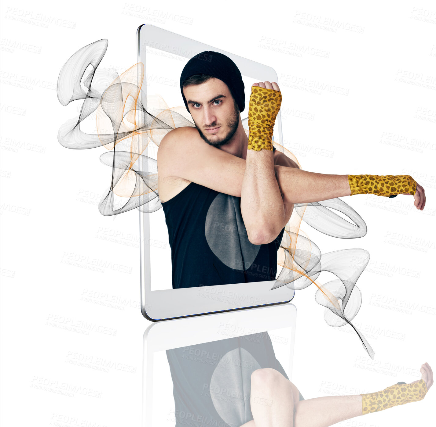 Buy stock photo Fitness, app and portrait of a man from a phone screen on a white background for exercise. Cardio, boxing and an athlete or male boxer with a mobile for a martial arts workout on a studio backdrop