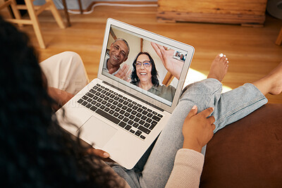 Buy stock photo Video call, laptop screen and woman wave on home sofa for communication, contact or hello. Smile, virtual meeting and friends with person in lounge for online chat, conference or social media
