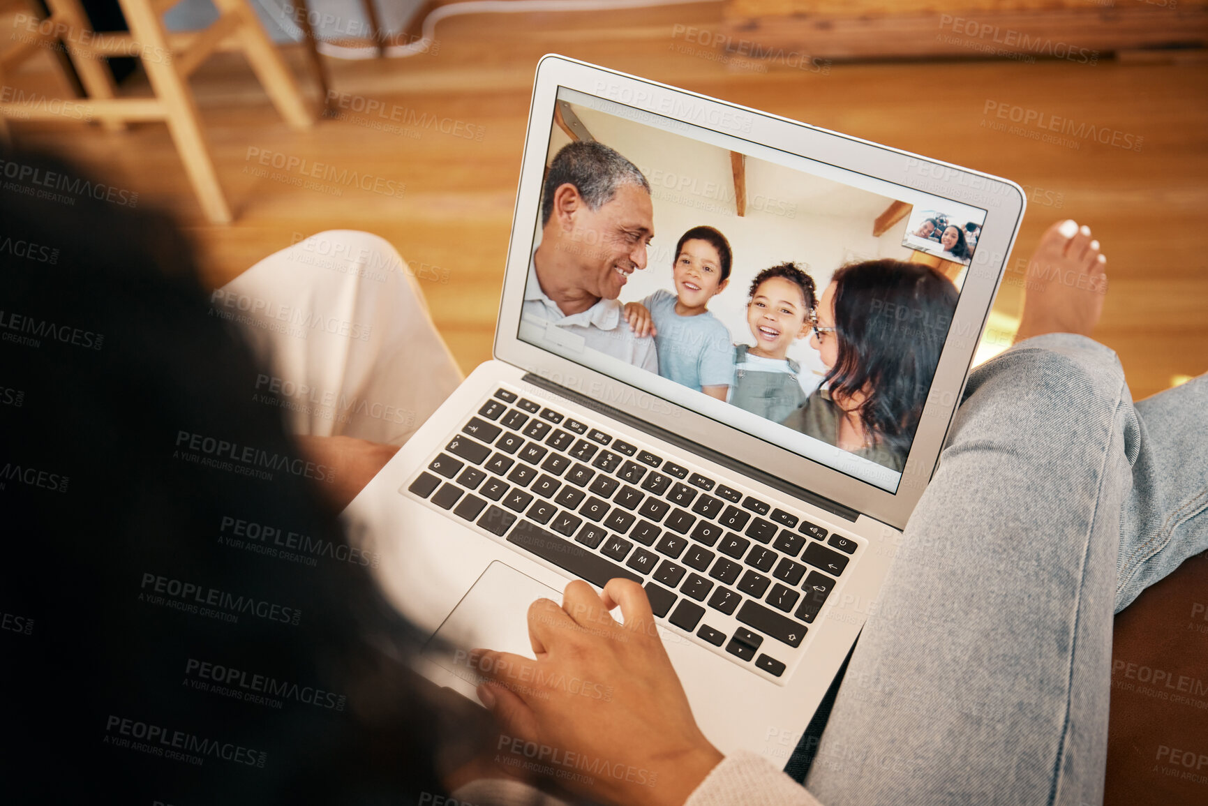 Buy stock photo Video call, laptop screen and relax with face of family for communication, contact or connection. Happy, virtual and technology with senior people and children at home for website, online and chat