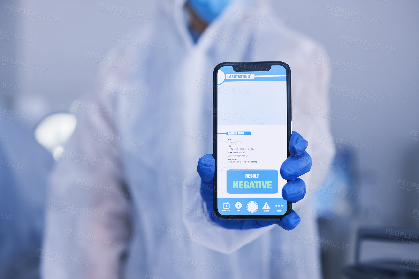 Buy stock photo Phone screen, science hands and QR code, test results for drugs, virus and bacteria on medical mobile app in laboratory. Healthcare, scientist and online report, monkeypox info and negative feedback