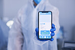 Phone screen, scientist hands and QR code, test results for drugs, virus and bacteria on medical mobile app in laboratory. Healthcare, science and online report, monkeypox info and positive feedback