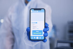 Hand, phone screen or qr code for monkeypox test results in science laboratory or healthcare hospital. Closeup, person or scientist and digital technology, virus or negative medical research feedback