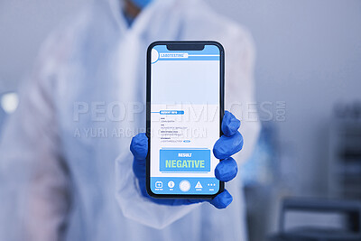 Buy stock photo Hand, phone screen or qr code for monkeypox test results in science laboratory or healthcare hospital. Closeup, person or scientist and digital technology, virus or negative medical research feedback