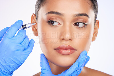 Buy stock photo Hands, beauty and a woman with needle on a white background thinking of plastic surgery. Idea, cosmetic and a person with a doctor for skincare, dermatology or an injection for wellness or face