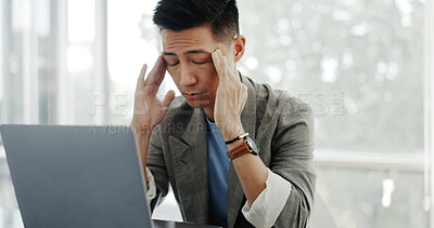 Buy stock photo Stress headache, laptop and Asian man in office, exhausted in debt, audit or tax problem. Frustrated, fatigue and tired businessman with pain, burnout and anxiety, time management crisis and computer