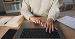 Laptop, computer and business woman hand typing, writing on notebook for planning, schedule and meeting review. Zoom, hands and strategy analytics for collaboration, research and KPI growth