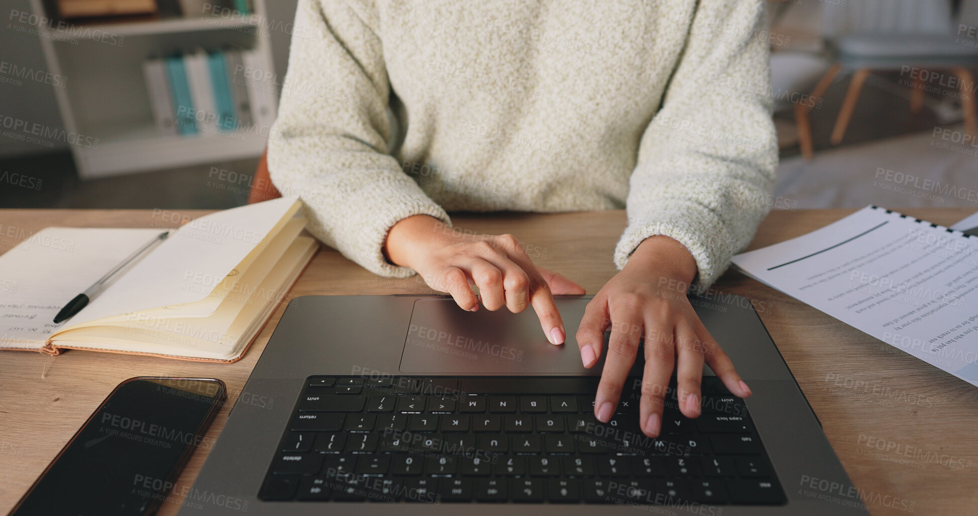 Buy stock photo Laptop keyboard, hands and professional person, writer or secretary typing administration work, project or web report. Computer, closeup and business receptionist work on research, schedule or agenda