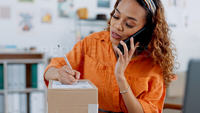 Buy stock photo Woman, phone call and package for delivery, writing shipping information and logistics with small business and entrepreneur. Inventory, distribution and communication, supply chain and owner with box