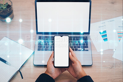 Buy stock photo Phone, person hands and computer with overlay for digital transformation, blank screen and mockup space. Above, big data and employee at a office desk with work paperwork and chart for web design