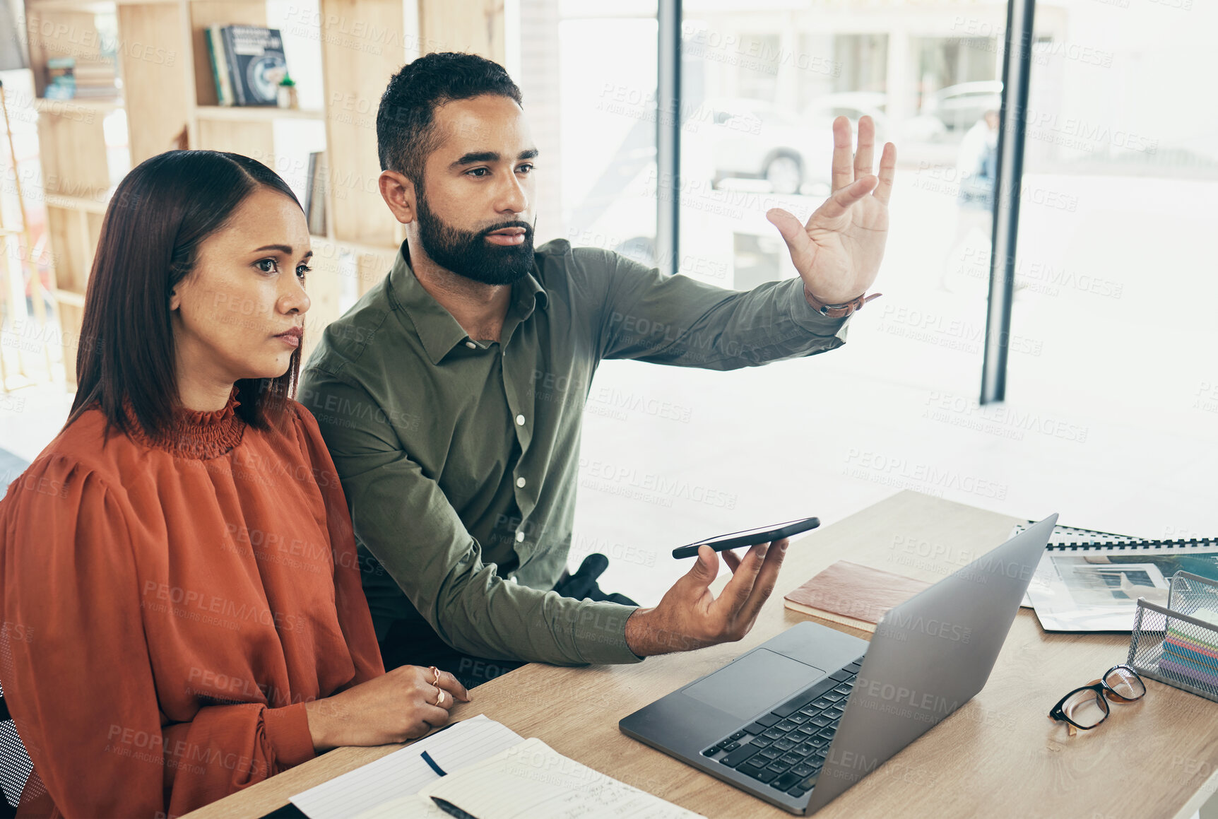 Buy stock photo Team, invisible screen and business people on digital ui, futuristic and phone in startup office. Hands, man and woman press virtual touchscreen at desk on ux tech online, click app and collaboration