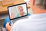 Laptop, couple or senior man on video call in house or home for conversation or communication. Screen, wave hello or mature person speaking or talking to a happy woman on technology or social media 