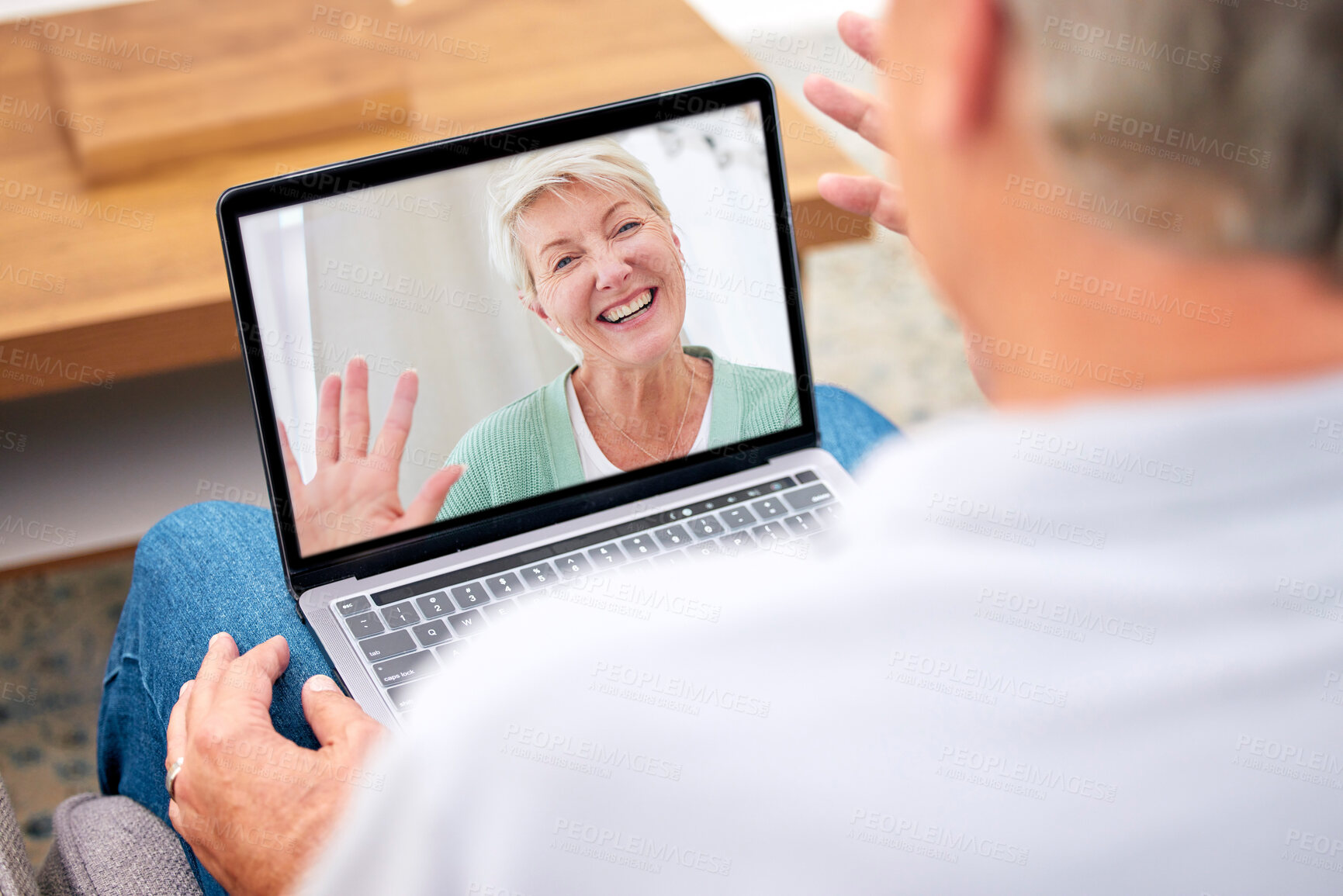 Buy stock photo Laptop, couple or senior man on video call in house or home for conversation or communication. Screen, wave hello or mature person speaking or talking to a happy woman on technology or social media 