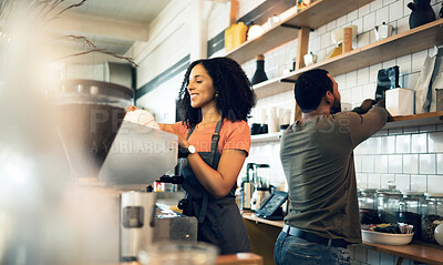 Buy stock photo Happy woman, barista and coffee at cafe for service, beverage or preparation by counter at store. Female person, team or waiter making espresso, cappuccino or latte at restaurant or retail shop