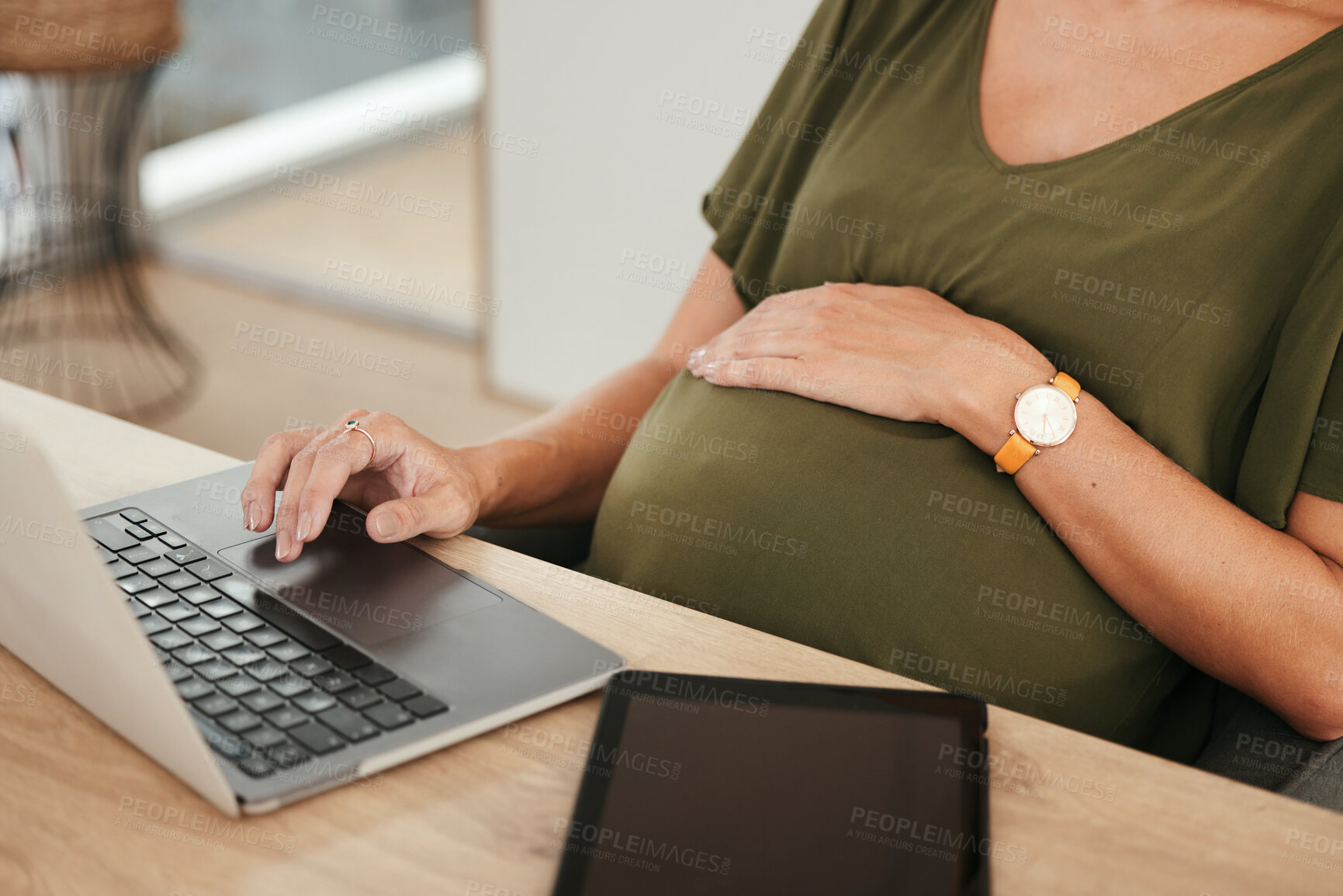 Buy stock photo Laptop, hands or pregnant businesswoman typing in office on social media, website or internet. Maternity, communication closeup or designer with pregnancy or networking technology in workplace desk