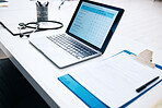Health, office and checklist with laptop on table in hospital for survey, information and insurance data. Paperwork, questions and computer with form for medical results, report and healthcare review