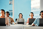 Call center, office and people in portrait for customer service, online communication and support on a computer. Happy woman consultant, team and business agency on laptop, contact us and help desk