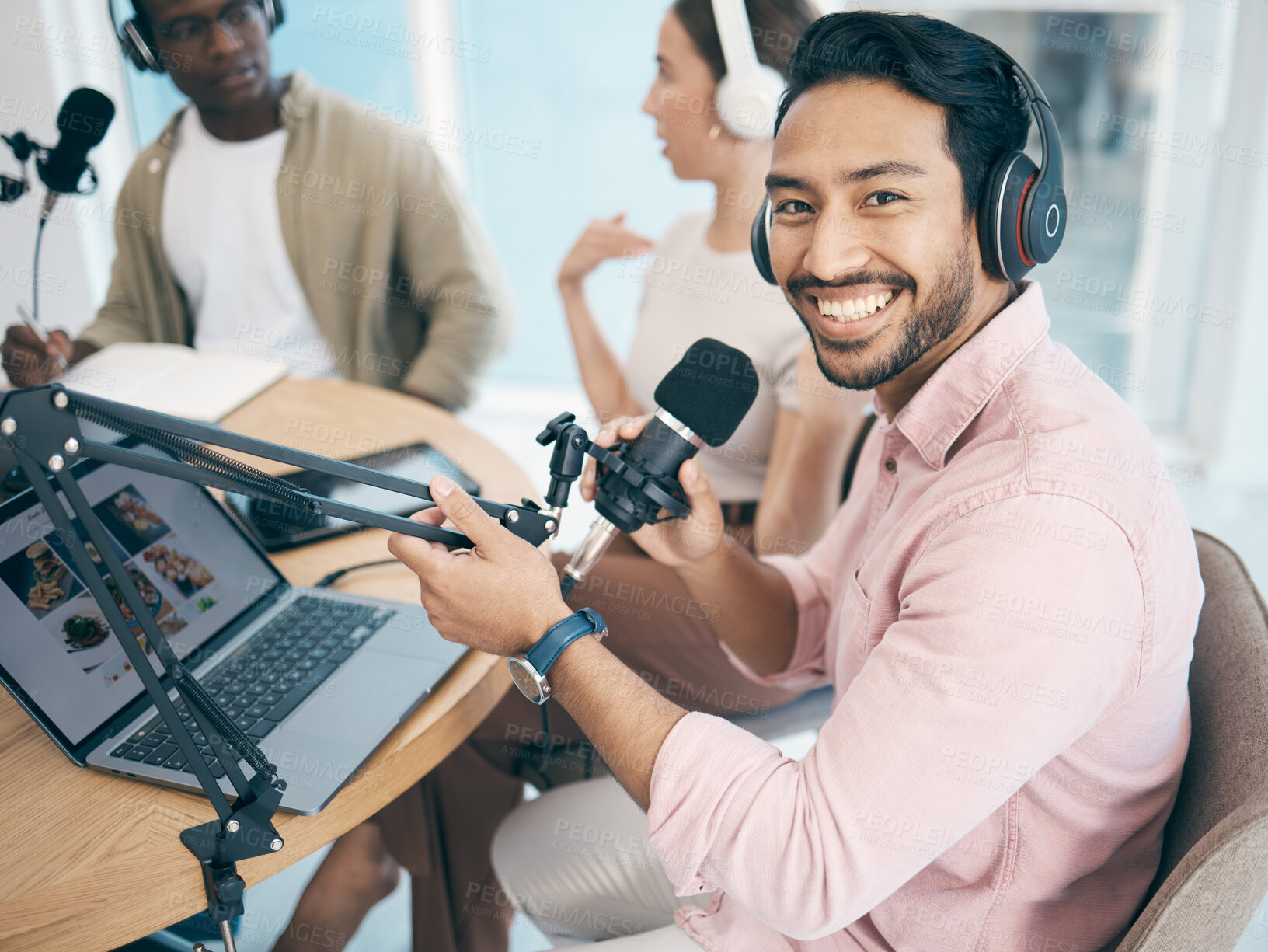 Buy stock photo Man, microphone and radio, headphones and laptop in portrait, media or press with journalist or DJ for content creation. Podcast, influencer and live stream with audio, talk show and communication