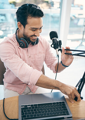 Buy stock photo Communication microphone, podcast speaker and happy man, content creator or presenter of talk show, broadcast or live stream. Radio network production, voice report and creative host fix mic stand