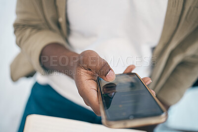 Buy stock photo Person, hand and phone for social media, communication or online networking at office. Closeup of employee on mobile smartphone for chatting, texting or research on app, web or search at workplace