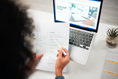 Buy stock photo Hands, pen and human resources with CV, laptop with hiring  news on company website and recruitment in office. Person reading resume, employee choice and onboarding, job application and back view