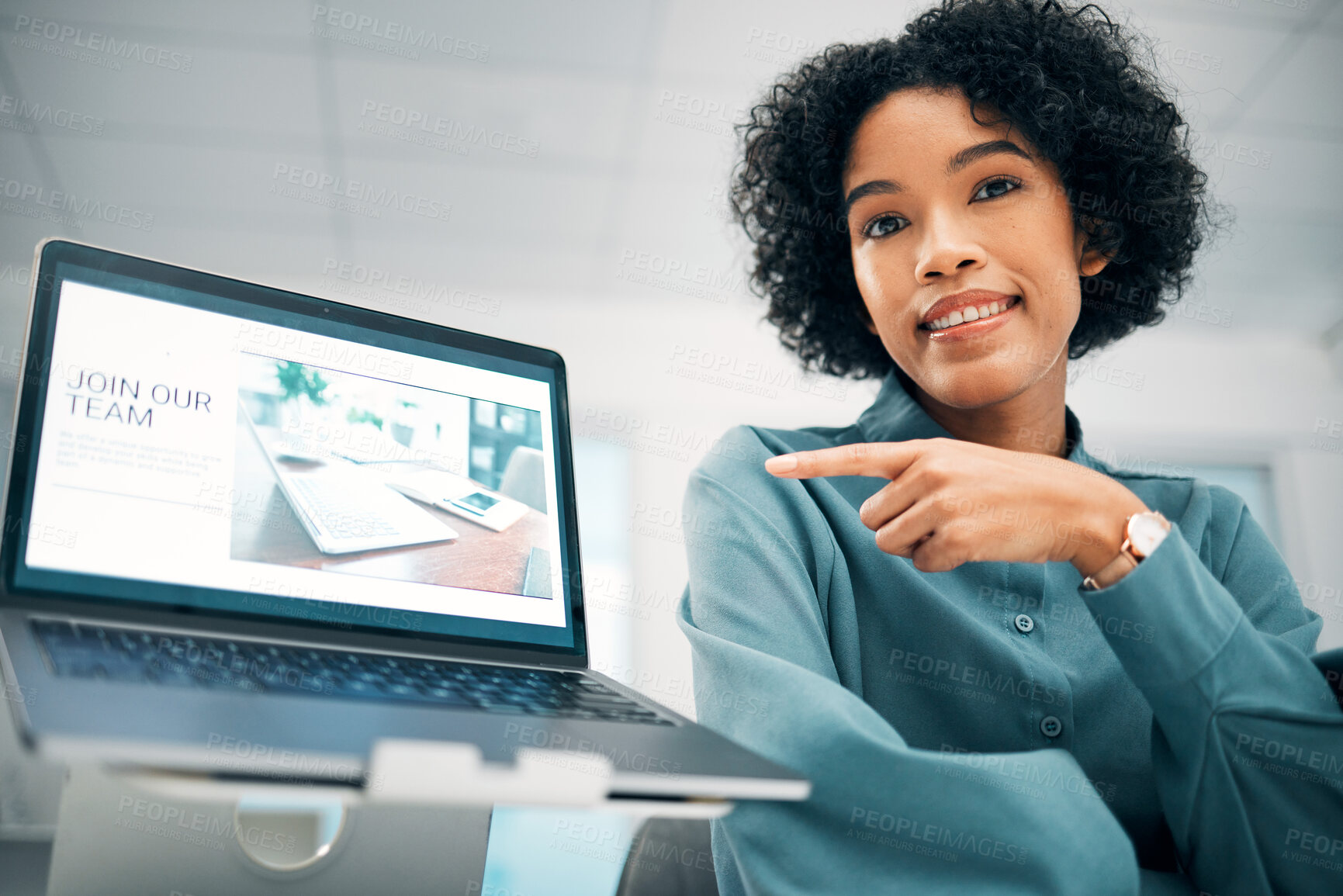 Buy stock photo Happy woman, laptop and pointing in hiring, advertising or job opportunity to join team at office. Face of female person smile showing computer screen in recruiting, interview or website at workplace