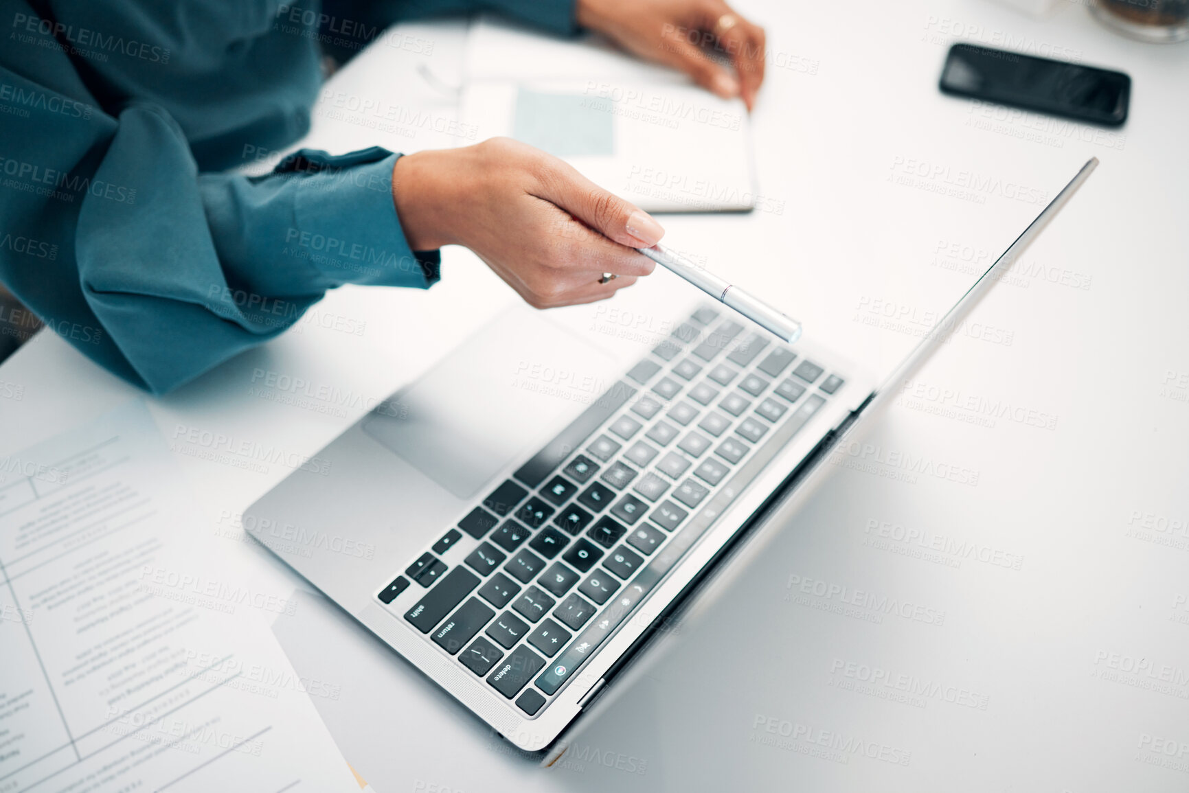 Buy stock photo Person, hands and pointing to laptop with documents in finance, budget planning or investments on office desk. Closeup of employee or accountant on computer for financial paperwork, bills or expenses