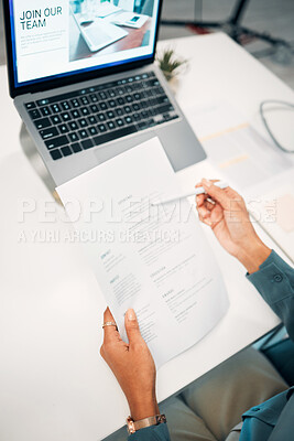 Buy stock photo Hands, pen and human resources with CV, hiring and recruitment in workplace, information and job application. Person reading resume, employee choice and onboarding, opportunity and administration