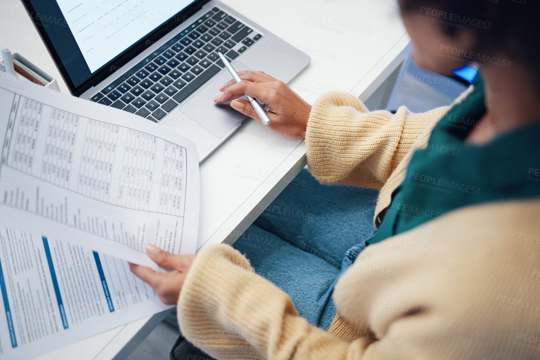 Buy stock photo Closeup, finance and woman with documents, laptop and accounting with budget, planning and internet. Person, accountant and worker with a pc, paperwork and investment with payment and transactions