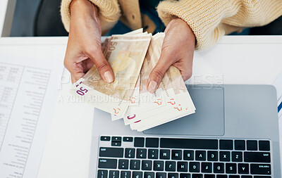 Buy stock photo Money, hand and business woman with laptop in office for budget, savings and investment from above. Cash, counting and lady investor with payment, loan or sale, deal and profit, growth or management