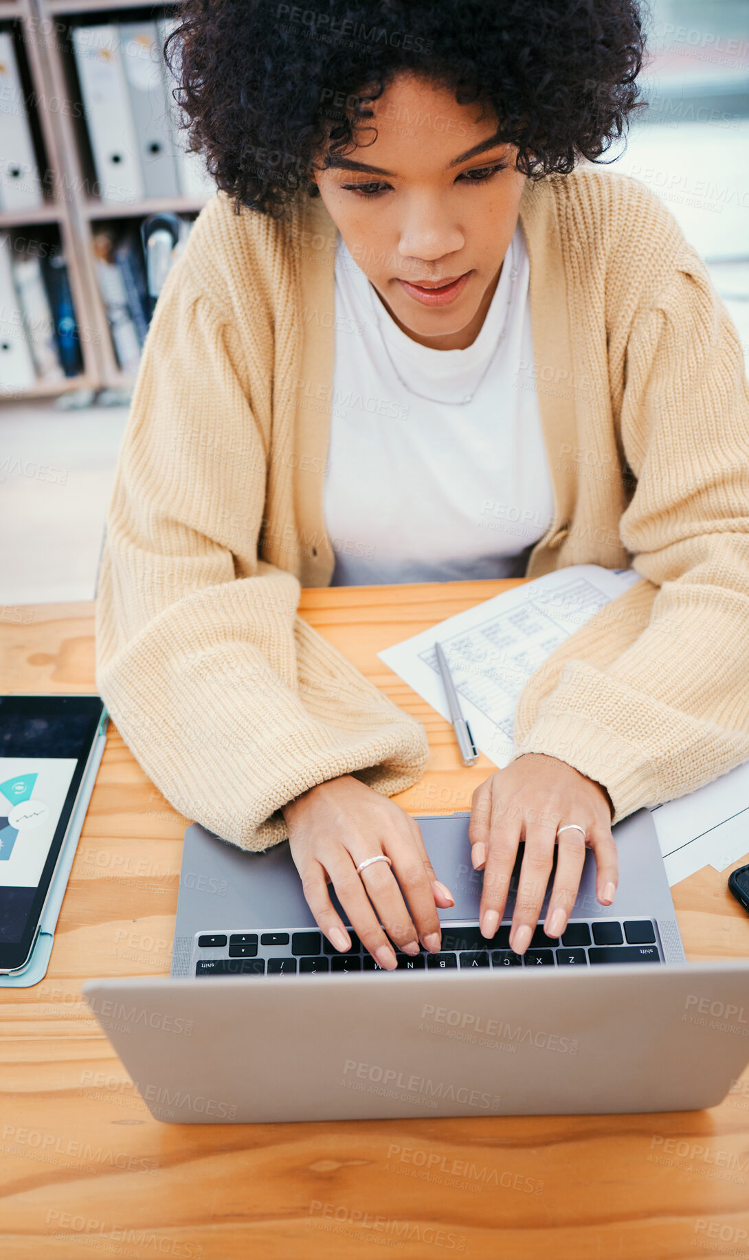 Buy stock photo Woman with laptop, typing and research in home office with documents, internet and ideas for freelance project. Remote work, web report and girl with computer, paperwork and writing online from above