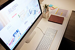 Website, planning and a computer screen in an office, table or workspace connection. Strategy, business and a desktop pc at a desk for company information, web design or online graphic creativity