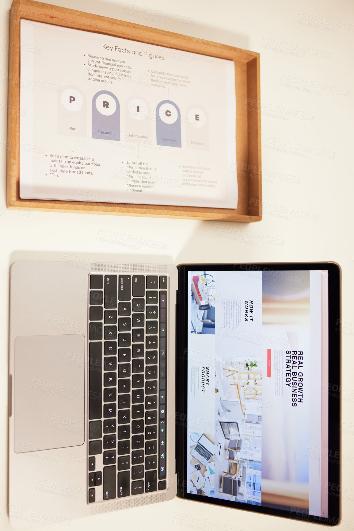 Buy stock photo Laptop, strategy guide and steps for planning on a desk in an office from above for business project. Computer, blog or online article on screen in an empty workplace for research on company growth