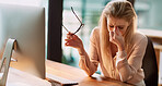 Computer, headache or stress and business woman at desk in office with deadline pressure. Anxiety, fail or mistake and overwhelmed female employee in corporate workplace with depression or migraine