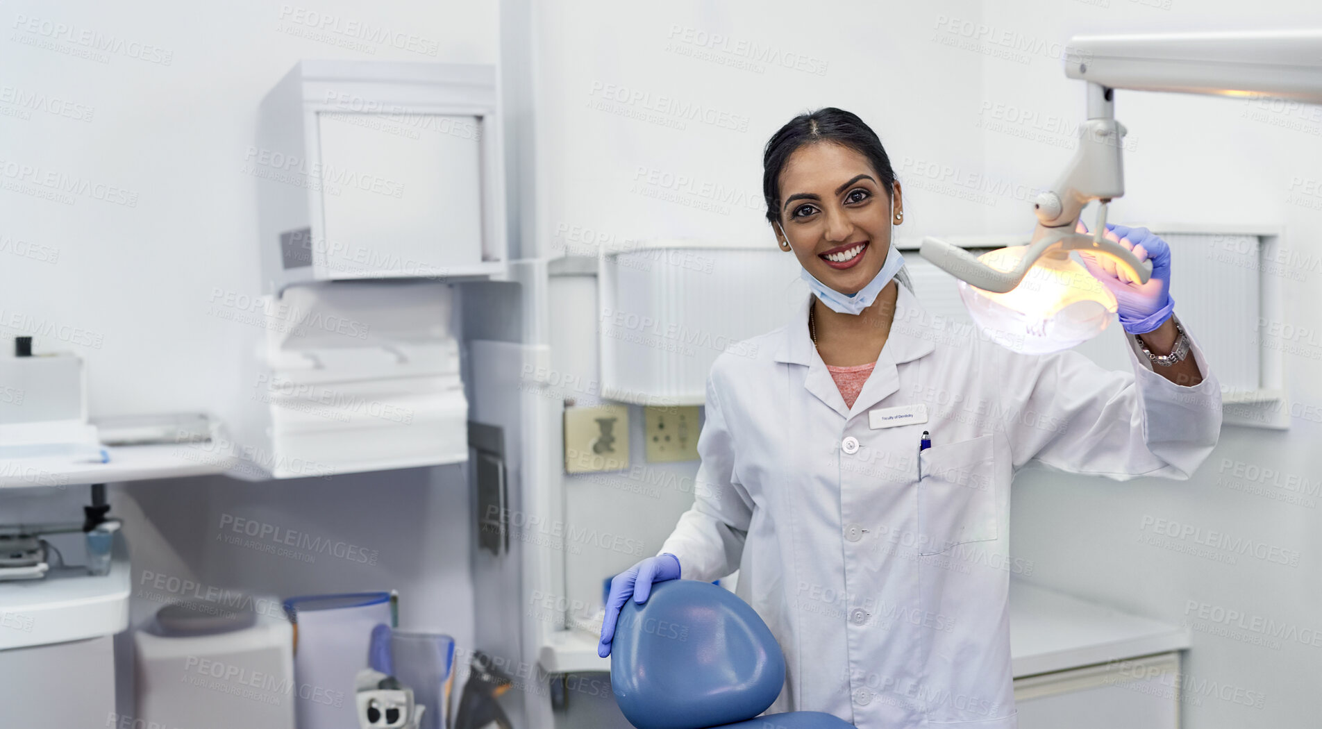 Buy stock photo Dentist, portrait and woman by xray machine with smile for mouth care, dental health and service. Medical professional, happy and equipment in office for oral hygiene, dentistry and examination