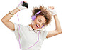 Woman, energy and dancing with smartphone, headphones for music and happiness isolated on white background. Excited, moving and listening to radio playlist for fun, mockup space or banner with joy