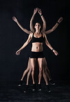 Woman, fitness and exercise with jumping jack for workout, training and body health on black background. Studio, movement and composite of female person for sports energy, cardio and performance