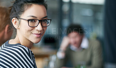 Buy stock photo Professional woman, portrait and meeting at startup, creative brainstorming with team or workshop for ideas. Planning, vision and smile on face for collaboration at digital agency or media company