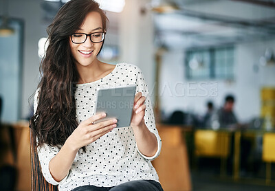 Buy stock photo Woman, tablet and smile for business office, online search and digital design on technology. Project research, social media and network website, professional female person and reading vlog or email