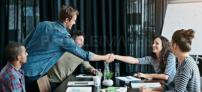 Buy stock photo Handshake, deal and people in office meeting with partnership for contract or business success. Shaking hands, trust and consultant for onboarding in workplace boardroom by collaboration or diversity