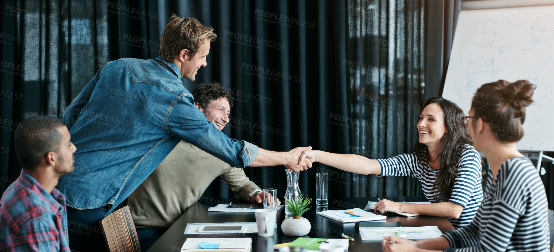 Buy stock photo Handshake, deal and people in office meeting with partnership for contract or business success. Shaking hands, trust and consultant for onboarding in workplace boardroom by collaboration or diversity