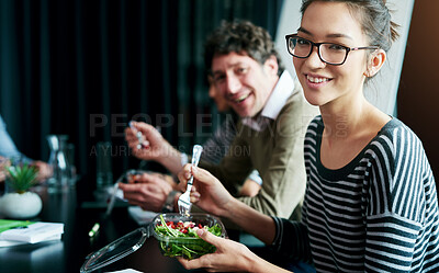 Buy stock photo Meeting, eating and portrait of woman with salad in office for team building lunch for collaboration. Discussion, smile and Asian female designer with colleagues enjoying healthy meal in workplace.