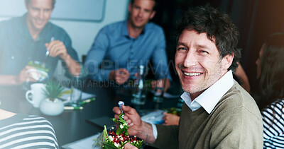 Buy stock photo Portrait, business people and man with food, salad and eating with nutrition, lunch and wellness. Face, group and consultant with vegetable, healthy meal and happiness with teamwork and smile