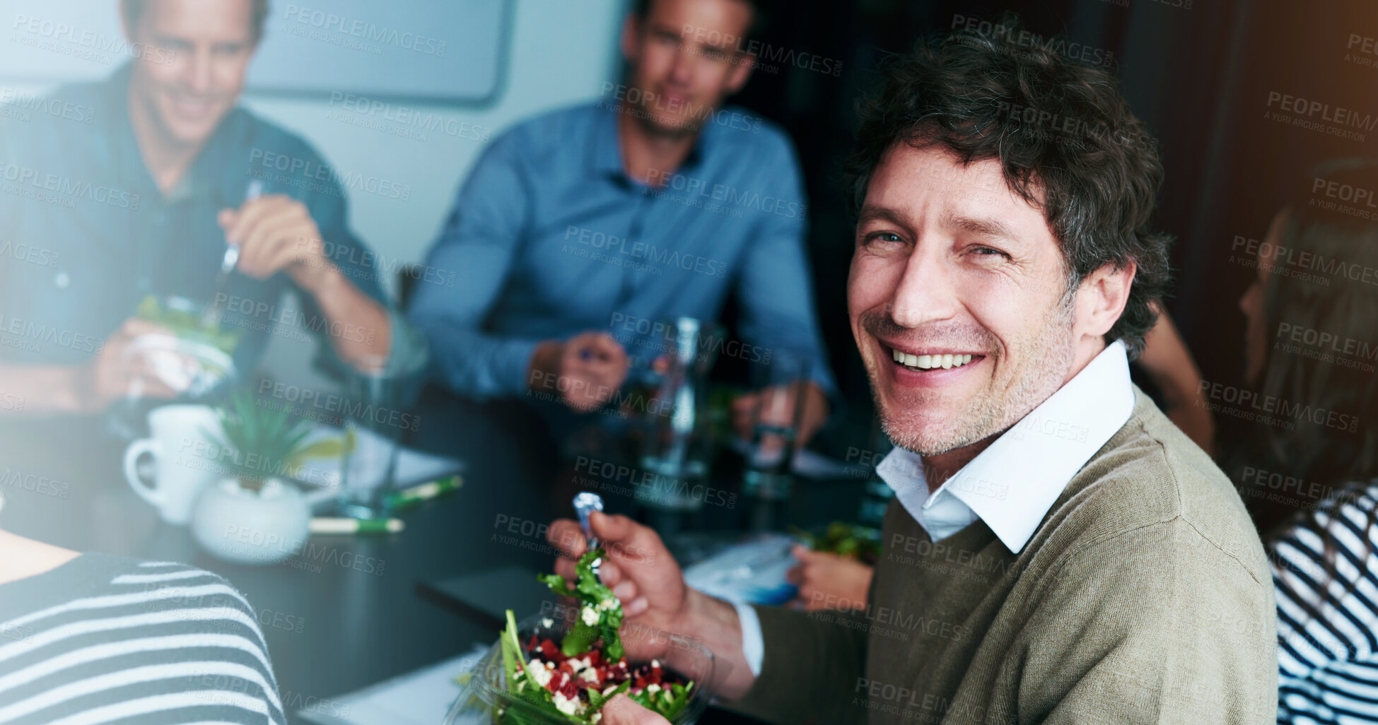 Buy stock photo Portrait, business people and man with food, salad and eating with nutrition, lunch and wellness. Face, group and consultant with vegetable, healthy meal and happiness with teamwork and smile