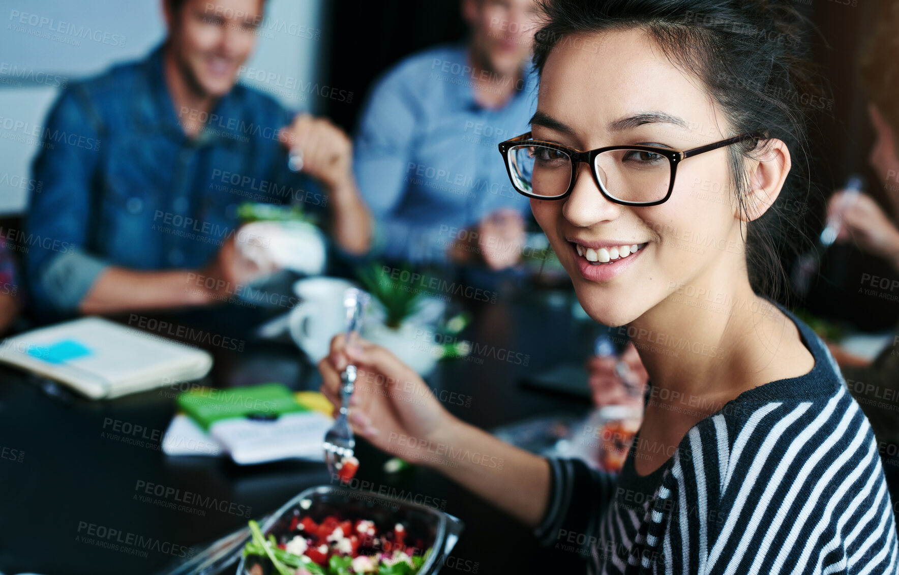 Buy stock photo Portrait, business people and woman with food, lunch and eating with nutrition, brainstorming session and wellness. Face, group and employee with vegetable, healthy meal and delicious with teamwork