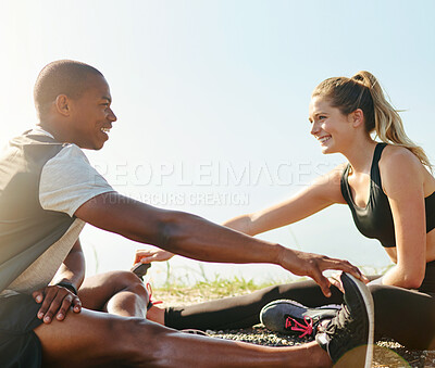 Buy stock photo Outdoor, stretching and couple with fitness, support and teamwork with sunshine, nature and blue sky. Park, interracial and man with woman, progress and workout for wellness, healthy and training
