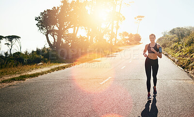 Buy stock photo Running, woman and fitness for outdoor training, cardio workout or endurance challenge. Lens flare, wellness and female athlete person in road for exercise, marathon or performance in California