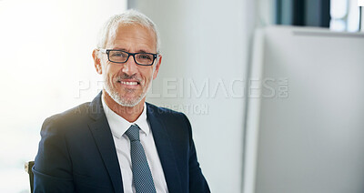 Buy stock photo Portrait, mature businessman or ceo in office with positive attitude, corporate experience and happy. Professional manager, male executive and smile in workplace, confidence and boss in Canada
